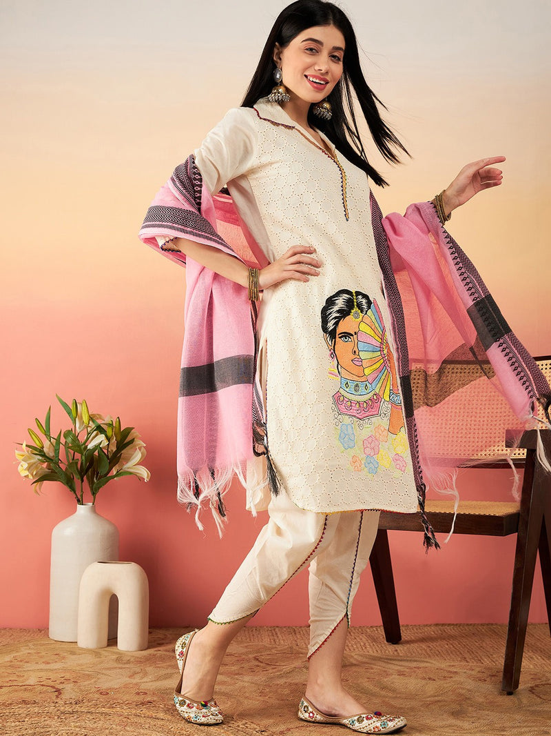 Off White Ethnic Motifs Self Design Thread Work Pure Cotton Kurta Set