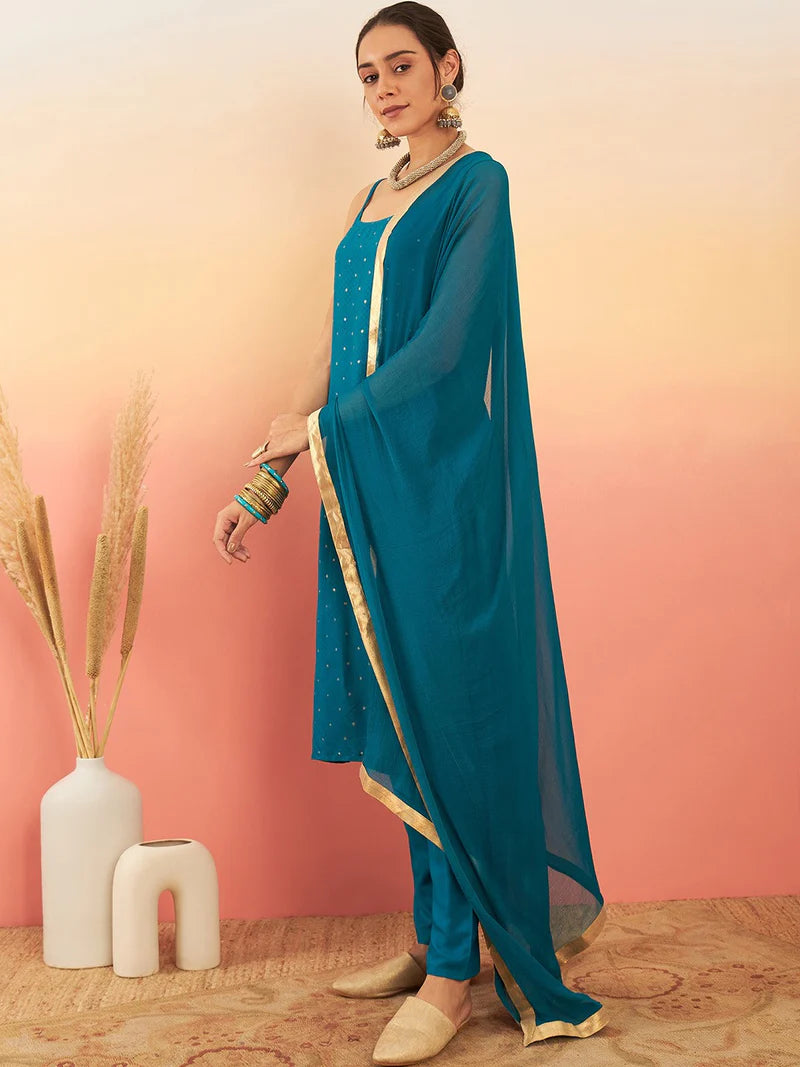 Embroidered Shoulder Straps Straight Kurta With Trousers & Dupatta