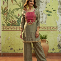 Floral Embroidered & Mirror Work Tunic With & Trouser