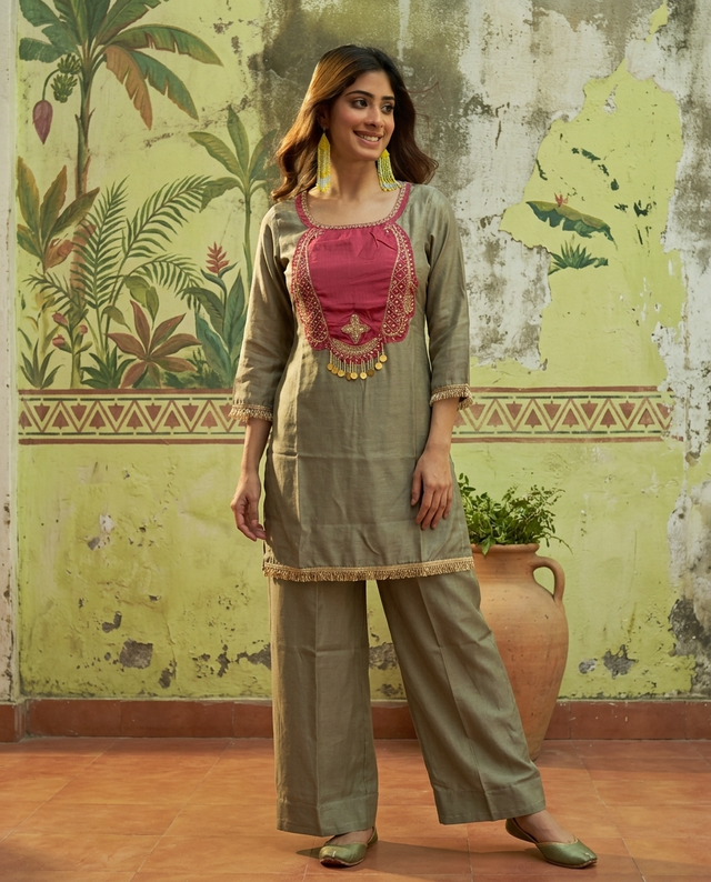 Floral Embroidered & Mirror Work Tunic With & Trouser