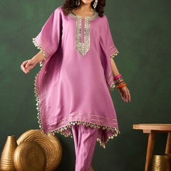 Yoke Design V-Neck Mirror Work Kaftan Kurta With Trousers
