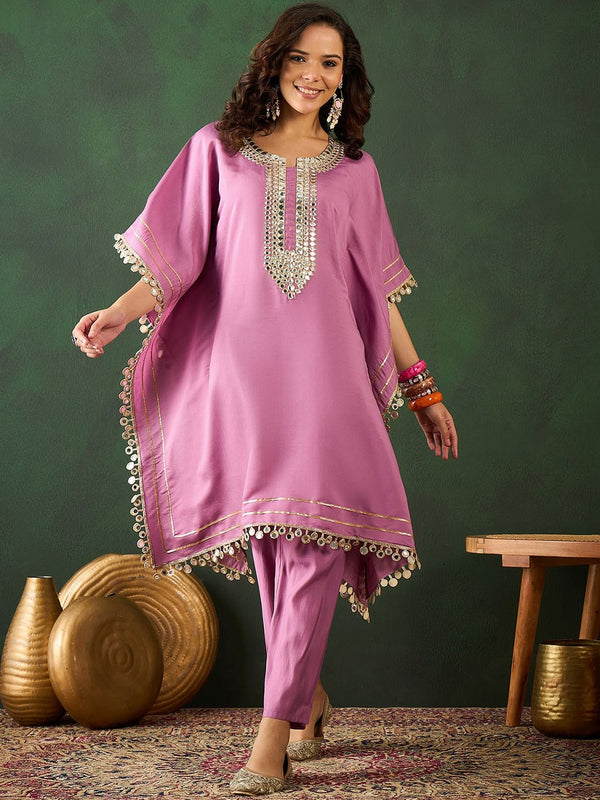 Yoke Design V-Neck Mirror Work Kaftan Kurta With Trousers