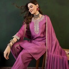 Purple Embroidered Mirror Work Round Neck Kurta With Dhoti Pants And Dupatta
