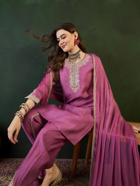 Purple Embroidered Mirror Work Round Neck Kurta With Dhoti Pants And Dupatta