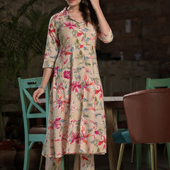 Floral Printed Lapel Collar A-Line Kurta With Trouser