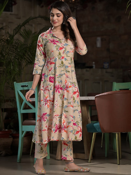 Floral Printed Lapel Collar A-Line Kurta With Trouser