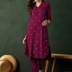 Burgundy Floral Printed V-Neck Straight Kurta With Trousers