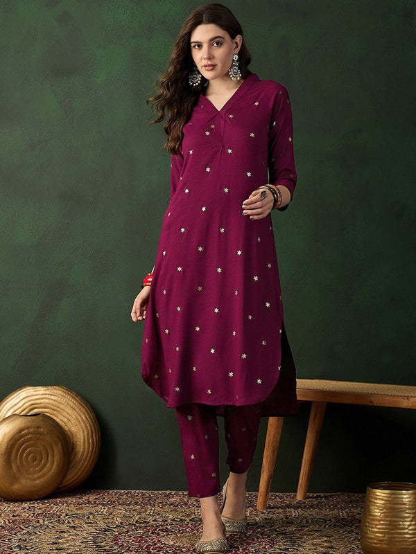 Burgundy Floral Printed V-Neck Straight Kurta With Trousers