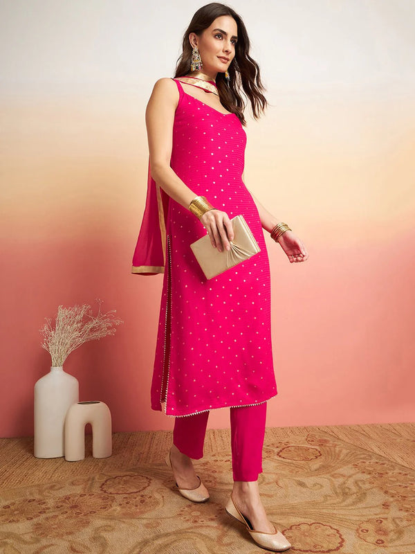 Embroidered Shoulder Straps Straight Kurta With Trousers & Dupatta