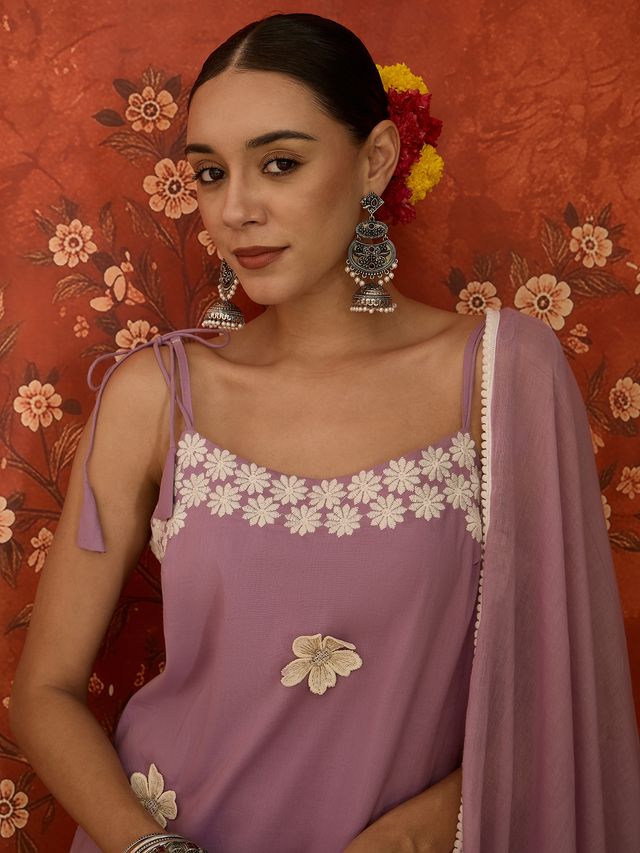 Peach Floral Embroidered Shoulder Straps Kurta With Trouser & Dupatta Kurta Set