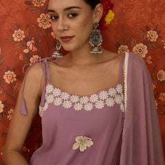Peach Floral Embroidered Shoulder Straps Kurta With Trouser & Dupatta Kurta Set