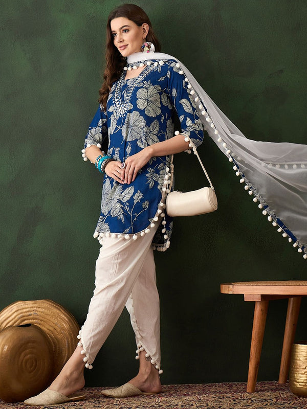Blue Floral Printed Mirror Work Pure Cotton Kurta With Dhoti Pant & Dupatta