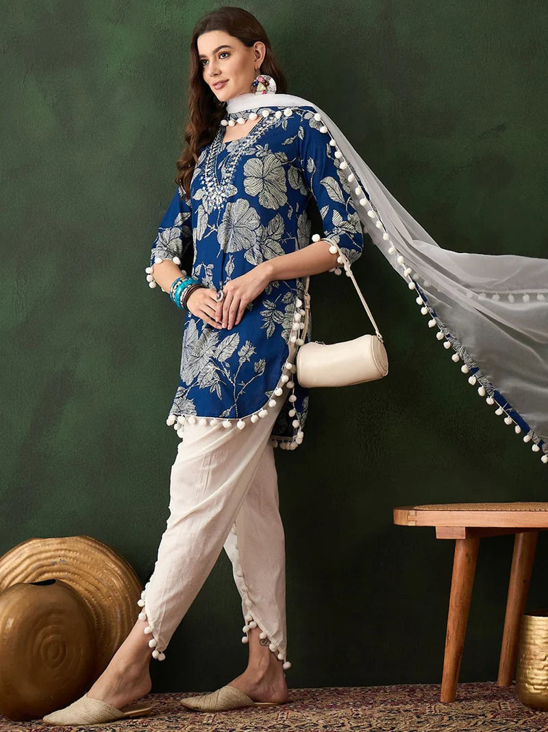 Floral Printed Mirror Work Pure Cotton Kurta With Dhoti Pant & Dupatta