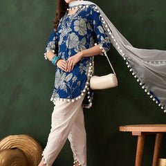 Floral Printed Mirror Work Pure Cotton Kurta With Dhoti Pant & Dupatta
