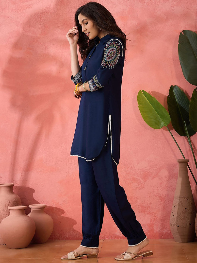 Navy Blue Ethnic Motifs Embroidered Shirt Collar Pathani Kurta With Trouser