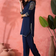 Navy Blue Ethnic Motifs Embroidered Shirt Collar Pathani Kurta With Trouser