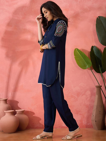 Navy Blue Ethnic Motifs Embroidered Shirt Collar Pathani Kurta With Trouser