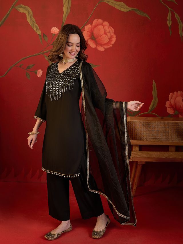 Black Floral Embroidery & Zari Work Straight Kurta With Trousers & Dupatta