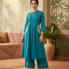 Floral Embroidered Thread Work A-Line Kurta With Trousers