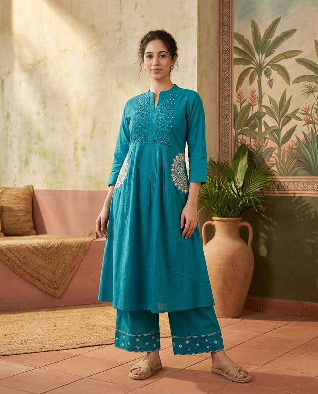 Floral Embroidered Thread Work A-Line Kurta With Trousers