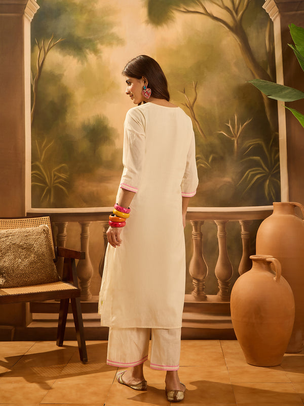 Pure Cotton Hand Block Print & Embroidered Straight Kurta With Palazzo  Kurta Set