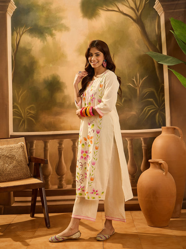 Pure Cotton Hand Block Print & Embroidered Straight Kurta With Palazzo  Kurta Set