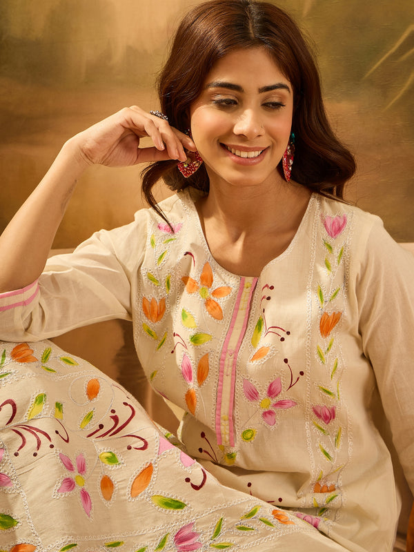Pure Cotton Hand Block Print & Embroidered Straight Kurta With Palazzo  Kurta Set