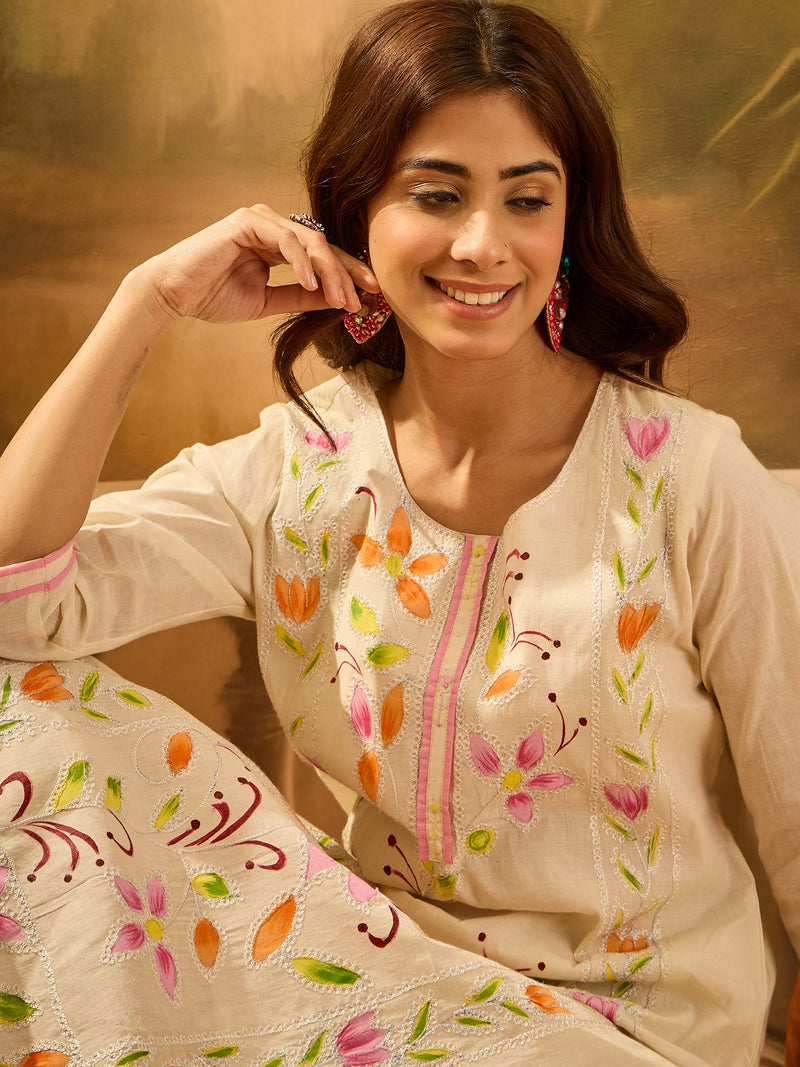 Pure Cotton Hand Block Print & Embroidered Straight Kurta With Palazzo  Kurta Set