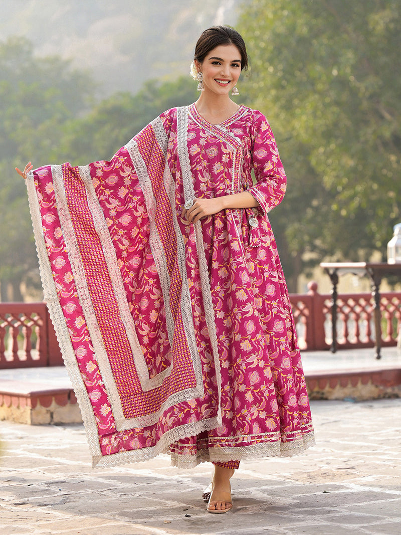 Floral Printed Angrakha Thread Work Pure Cotton Kurta with Trousers & Dupatta