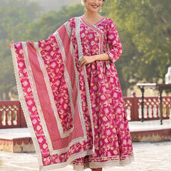 Floral Printed Angrakha Thread Work Pure Cotton Kurta with Trousers & Dupatta
