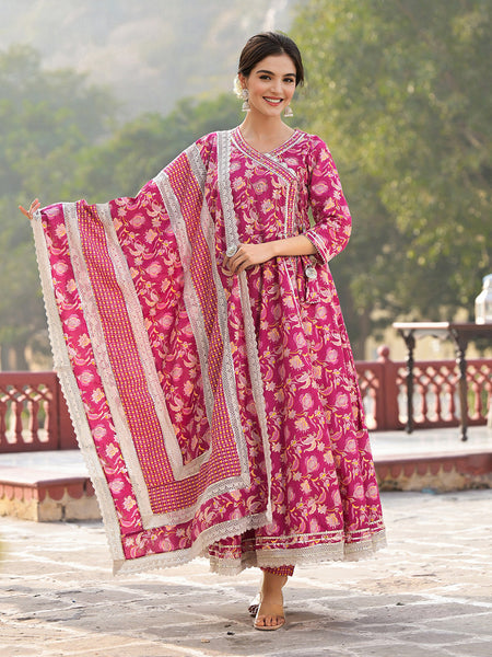 Floral Printed Angrakha Thread Work Pure Cotton Kurta with Trousers & Dupatta