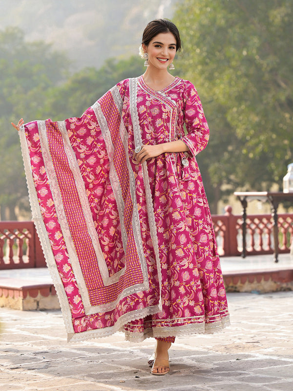 Floral Printed Angrakha Thread Work Pure Cotton Kurta with Trousers & Dupatta