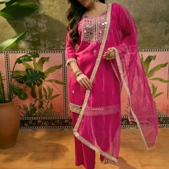 Floral Embroidered & Sequinned A-Line Kurta With Trouser & Dupatta Kurta Set