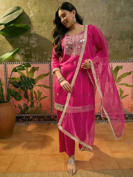 Floral Embroidered & Sequinned A-Line Kurta With Trouser & Dupatta Kurta Set