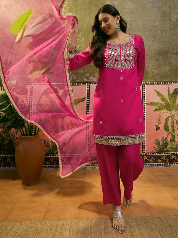 Floral Embroidered & Sequinned A-Line Kurta With Trouser & Dupatta Kurta Set