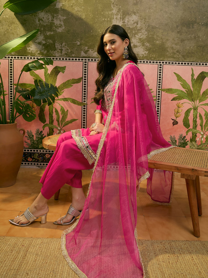 Floral Embroidered & Sequinned A-Line Kurta With Trouser & Dupatta Kurta Set