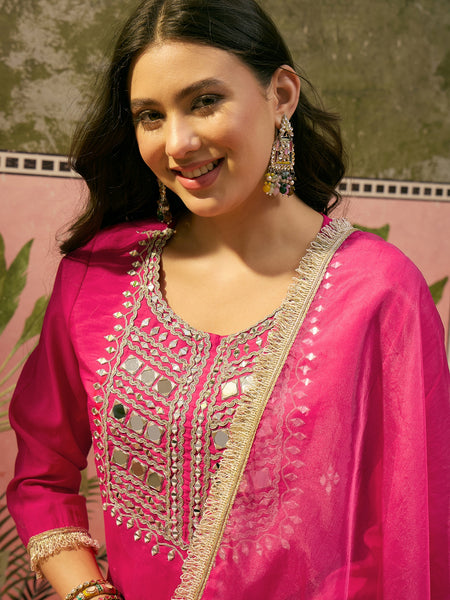 Floral Embroidered & Sequinned A-Line Kurta With Trouser & Dupatta Kurta Set