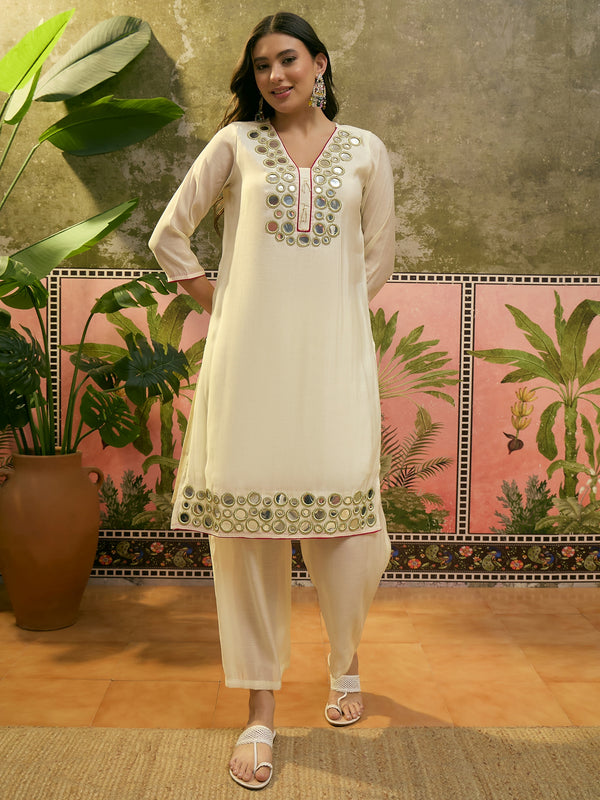 Floral Embroidered Straight Kurta & Trousers & Dupatta Kurta Set