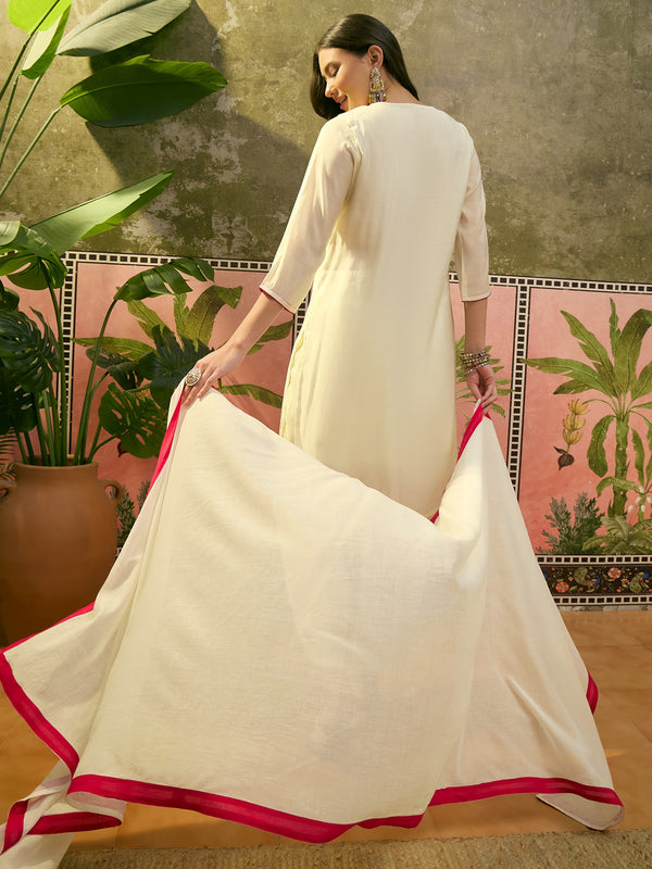 Floral Embroidered Straight Kurta & Trousers & Dupatta Kurta Set