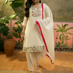 Floral Embroidered Straight Kurta & Trousers & Dupatta Kurta Set