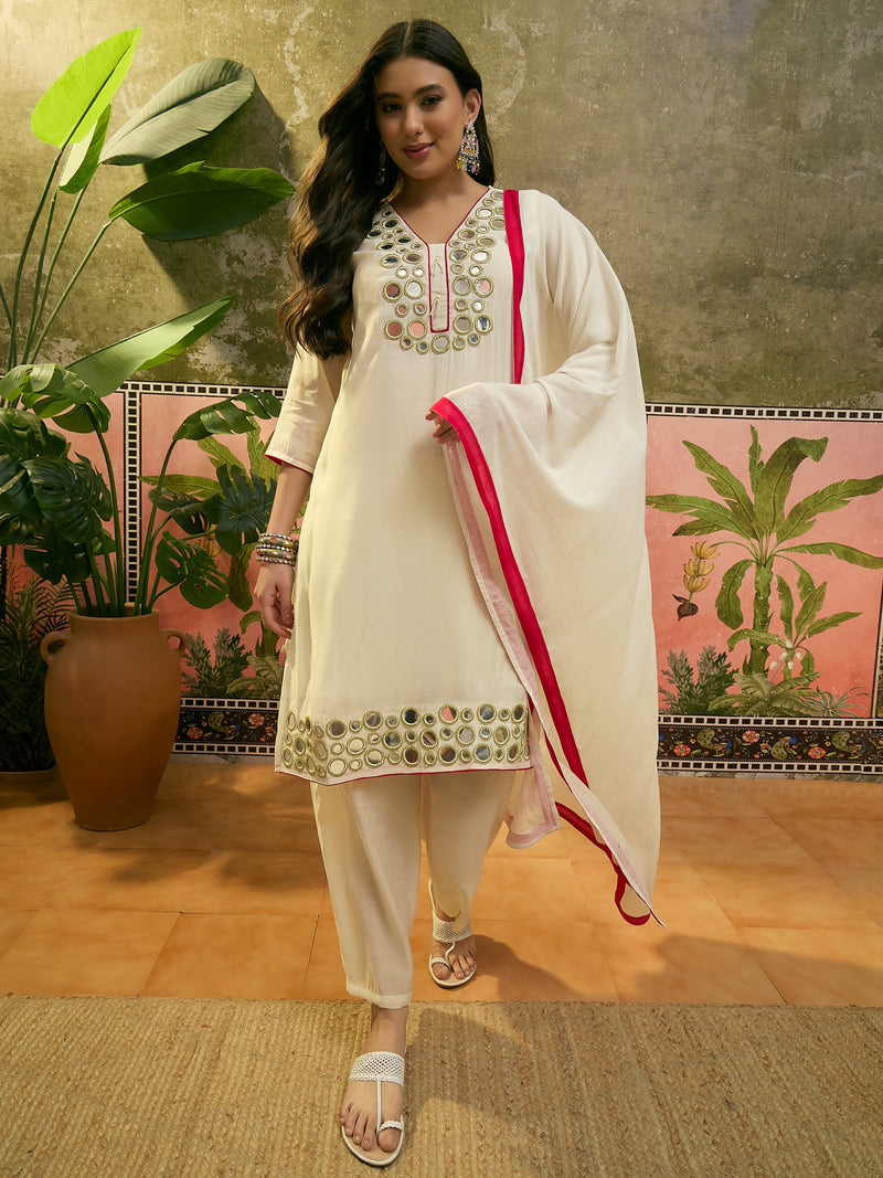Black Floral Embroidered Straight Kurta & Trousers & Dupatta Kurta Set