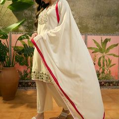 Floral Embroidered Straight Kurta & Trousers & Dupatta Kurta Set