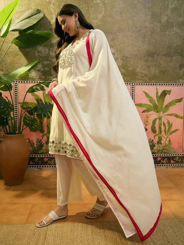 Floral Embroidered Straight Kurta & Trousers & Dupatta Kurta Set