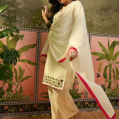 Floral Embroidered Straight Kurta & Trousers & Dupatta Kurta Set