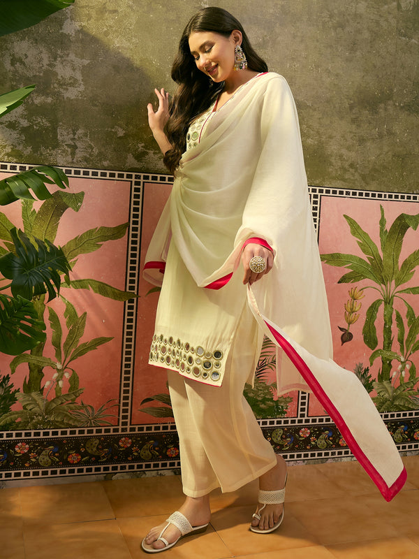 Floral Embroidered Straight Kurta & Trousers & Dupatta Kurta Set
