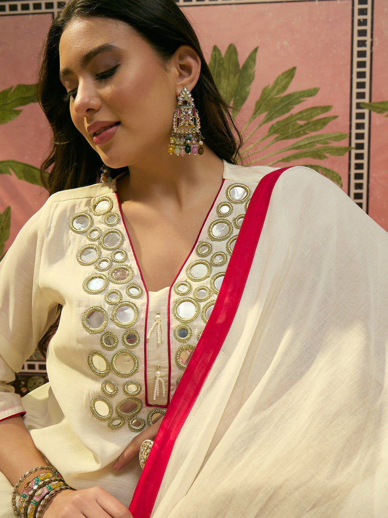 Black Floral Embroidered Straight Kurta & Trousers & Dupatta Kurta Set