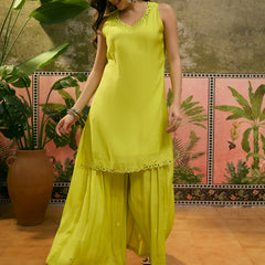 Floral Embroidered Sleevless Kurta With Sharara & Dupatta Kurta Set