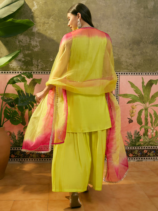 Floral Embroidered Sleevless Kurta With Sharara & Dupatta Kurta Set