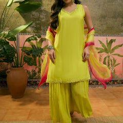 Floral Embroidered Sleevless Kurta With Sharara & Dupatta Kurta Set