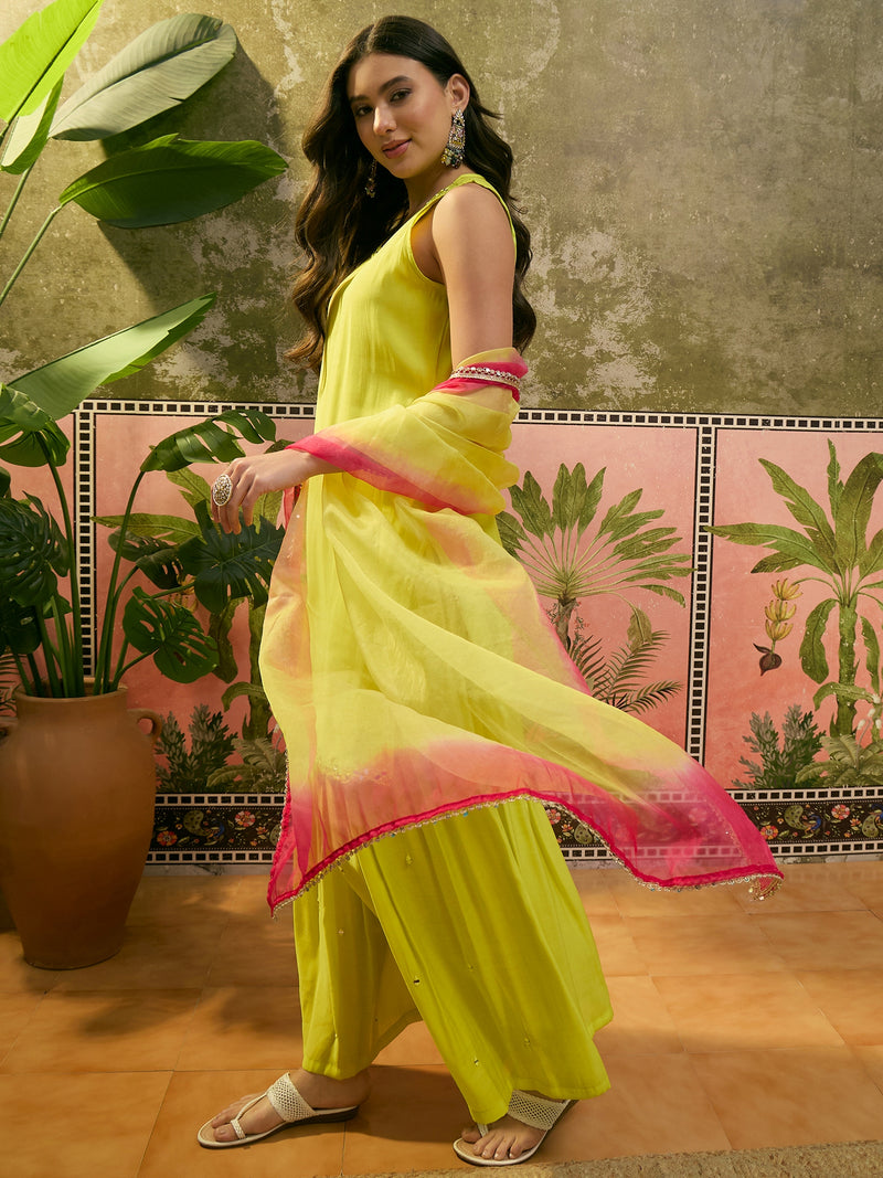 Floral Embroidered Sleevless Kurta With Sharara & Dupatta Kurta Set